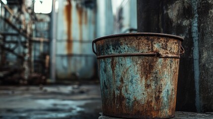 A weathered, rusty metal bucket in an industrial urban decay setting, capturing the essence of vintage elements and faded, timeworn materials.