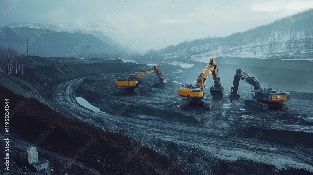 Poster A wide shot of a coal mining site with large excavators working on the energy extraction process, showcasing the scale and intensity of mining operations.