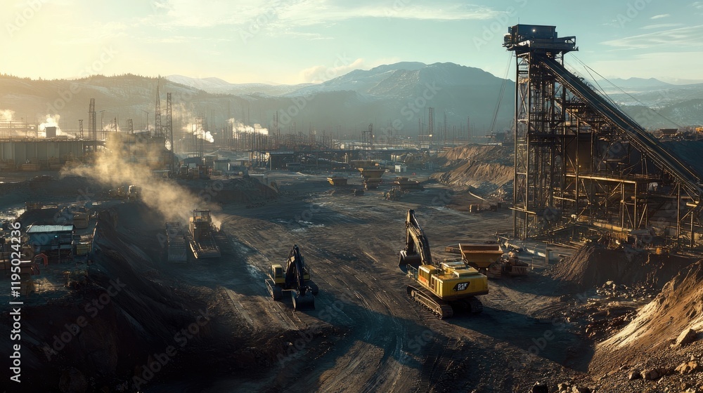 Poster A wide shot of a coal mining site with large excavators working on the energy extraction process, showcasing the scale and intensity of mining operations.