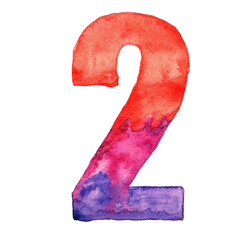 Watercolor number two  in red and purple colors. Isolated on white background. © babkinasvetlana