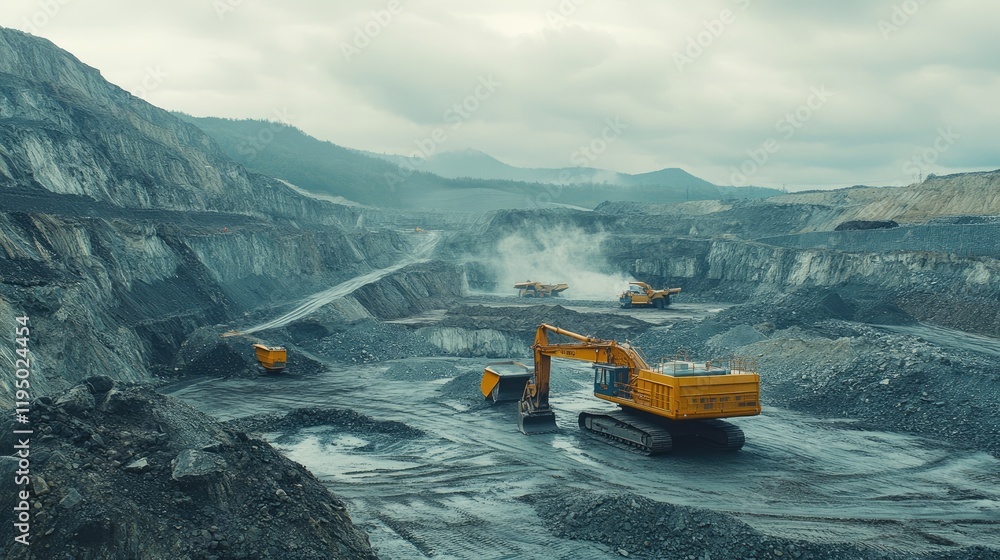 Aufkleber A wide shot of a coal mining site with large excavators working on the energy extraction process, showcasing the scale and intensity of mining operations.