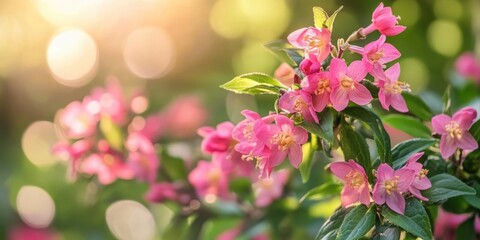 Fototapeta premium Vibrant pink Weigela Bristol Ruby flowers in focus, lush green leaves softly blurred in background, warm sunlight creating a serene garden atmosphere