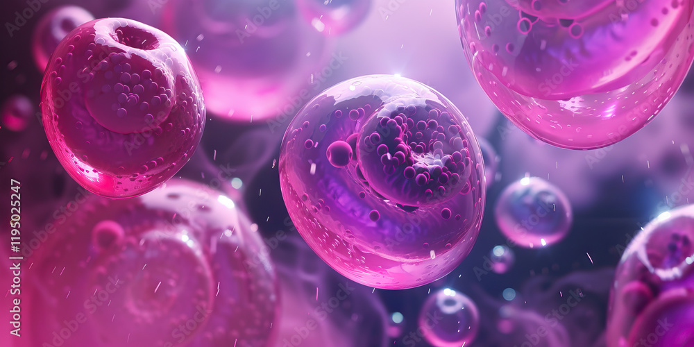 Poster digital rendering of pink spheres with internal structures
