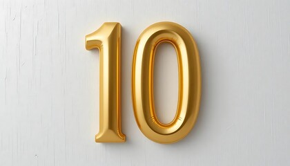 Golden Number Ten Balloons Against White Wood Background