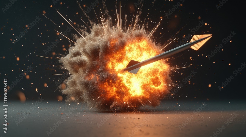 Fototapete powerful 3d-rendered explosion with a metallic arrow emerging from the center, minimal layout for co
