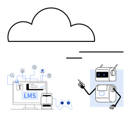 Cloud computer with LMS interface robot pointing open book, game controller. Ideal for education, e-learning, online courses, technology, AI, cloud computing, innovation. Line metaphor