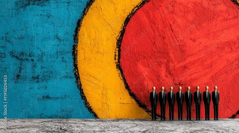 Poster group of business figures in front of colorful abstract background displaying teamwork and collabora