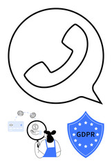 Large phone receiver in speech bubble, small icons of credit card and woman sending money, GDPR shield. Ideal for data security, financial protection, GDPR compliance, secure communication, privacy