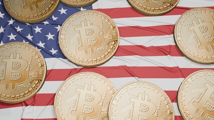 Several bitcoins are laid out on the flag of the USA
