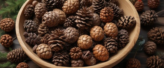 A collection of pinecones and acorns arranged in a wooden bowl, autumnal decorations, seasonal accents