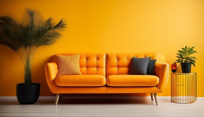 a stylish orange sofa against a bright yellow wall perfect for modern interiors