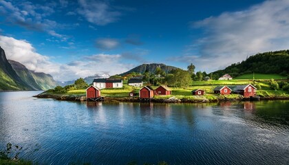a picturesque village in western norway nestled by a fjord surrounded by lush green forests and hills featuring traditional wooden houses and a serene atmosphere