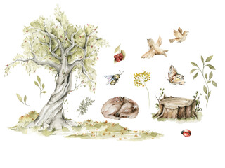 Watercolor nursery woodland composition with character. Hand painted cute baby animals in wild, forest summer landscape, tree, deer, fawn, bunny, bear. illustration for baby shower, kids print