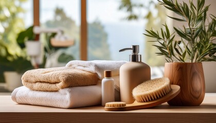 spa essentials elegantly displayed on a wooden table with a soap dispenser towels and brushes creating a serene bathroom ambiance