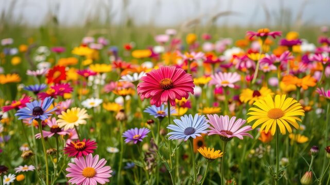 A colorful field of blooming wildflowers with vibrant colors and gentle breeze, natural scenery, monocotyledon