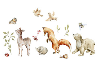 Fototapeta premium Watercolor nursery woodland composition with character. Hand painted cute baby animals in wild, forest summer landscape, tree, deer, fox, birds, bear. illustration for baby shower, kids print