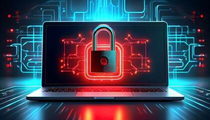 a glowing red padlock displayed on a laptop screen representing cybersecurity