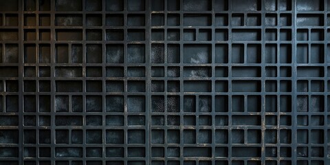 Black textured wall grating with geometric patterns in varying sizes positioned centrally against a dark background highlighting industrial design elements.