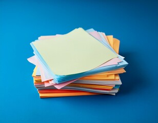 a stack of organized paper notes on a blue background for office use