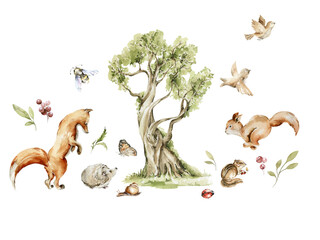 Watercolor nursery woodland composition with character. Hand painted cute baby animals in wild, forest summer landscape, tree, fox, squirrel, birds, bear. illustration for baby shower, kids print