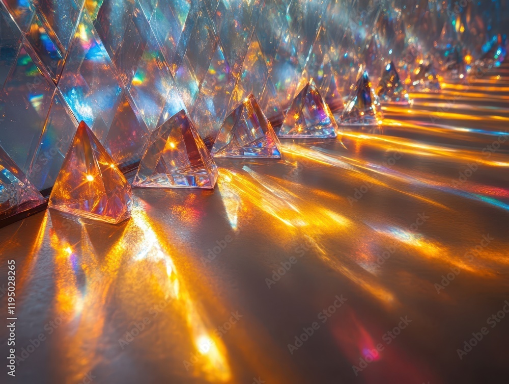 Poster light beams refract through crystal prisms creating vibrant patterns and reflections on the surface,
