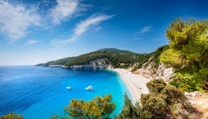 Fototapeta premium sea beah trees summer holidays in greece agios nikitas village in lefkada island