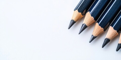 Naklejka premium Black colored pencils arranged diagonally on a light white background creating ample copy space for design and text, with sharp graphite tips visible.