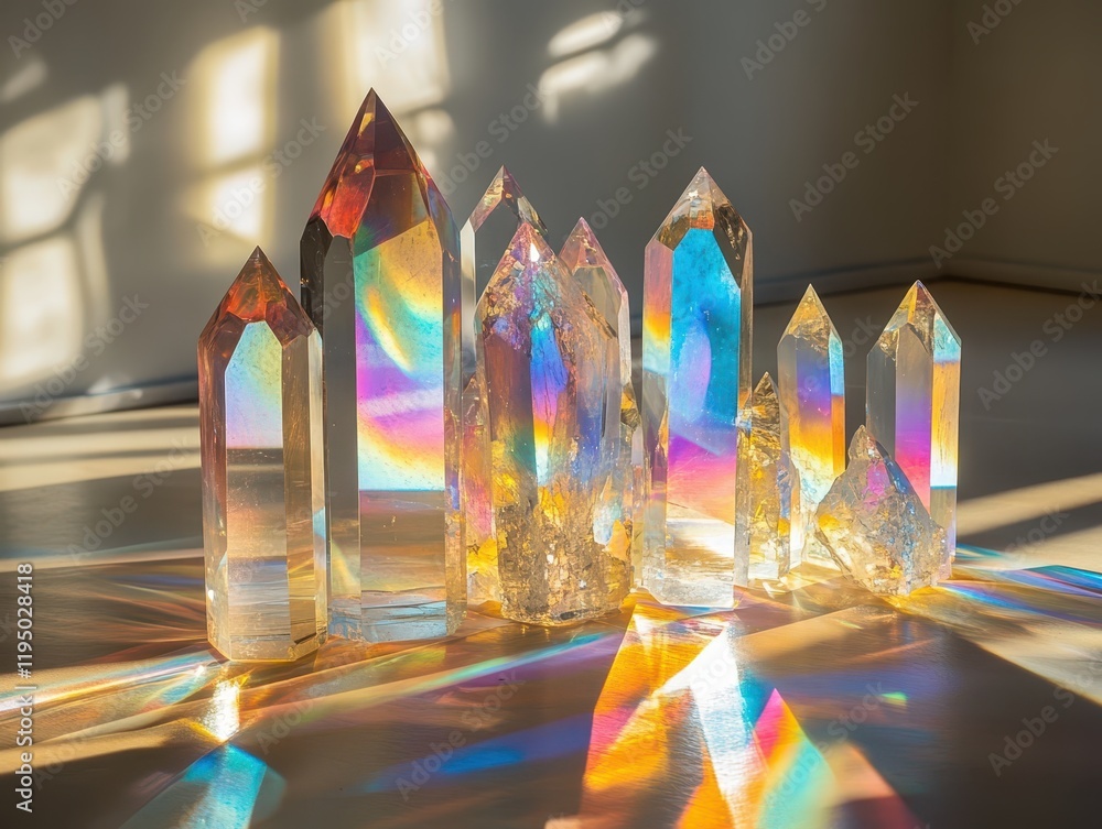 Poster in a sun-drenched room, stunning crystal refractions create a mesmerizing display of vibrant light b