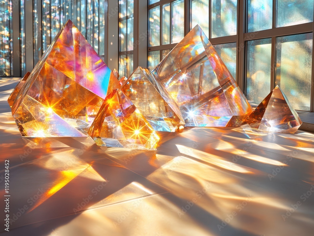 Poster in a sunlit area, stunning crystal formations capture and reflect vibrant beams of light, creating i