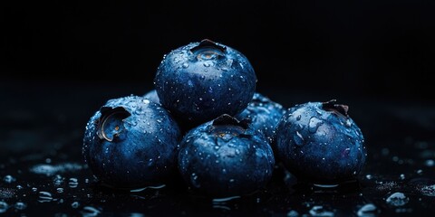 Fresh blueberries with water droplets stacked on a dark surface creating a moody and rich contrast against a black background