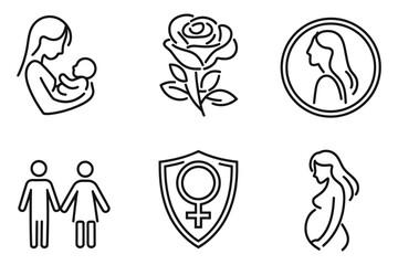 Minimalistic Black Line Vector Icons Bundle - Motherhood, Pregnancy, Family Care, and Empowerment Symbols