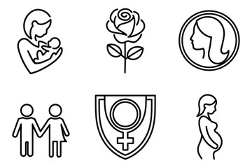 Minimalistic Black Line Vector Icons Bundle - Motherhood, Pregnancy, Family Care, and Empowerment Symbols
