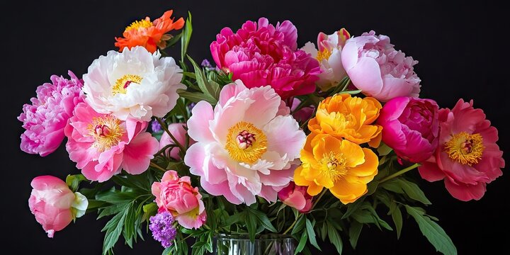 Vibrant bouquet featuring fluffy pink, yellow, and orange peonies and roses against a black background, arranged in a clear glass vase.