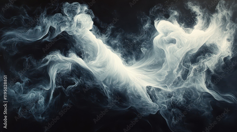 Poster ethereal white smoke patterns swirling gracefully against a dark background, creating an enchanting 