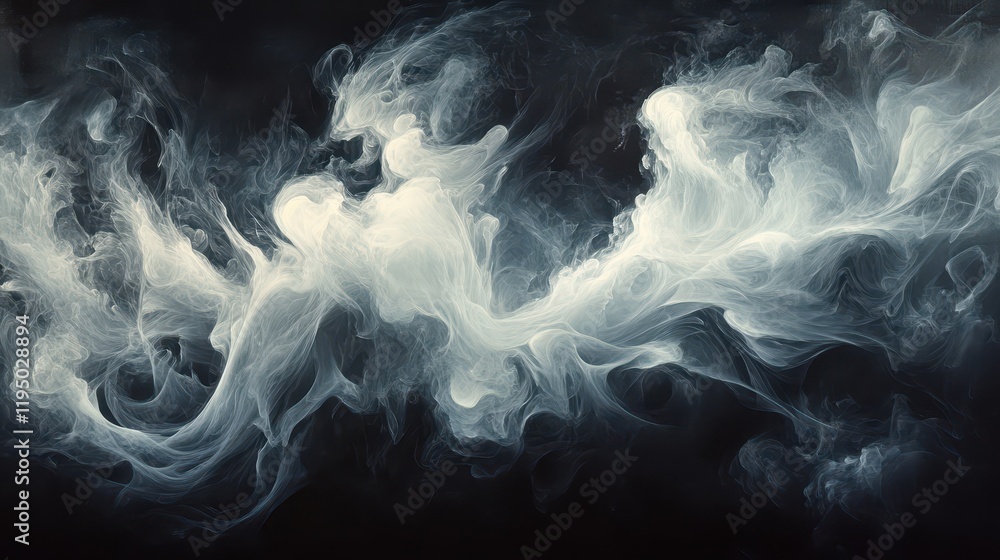 Poster ethereal smoke patterns create mesmerizing white trails against a dark background in a captivating v