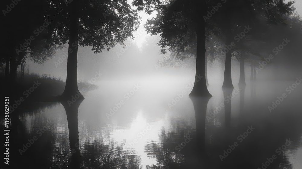 Poster fog envelops a tranquil lake as mist hangs over still waters reflecting trees in the early morning l
