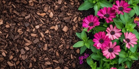 Vibrant pink and purple flowers on the right with rich brown bark chip mulch on the left creating a natural garden setting with space for text.