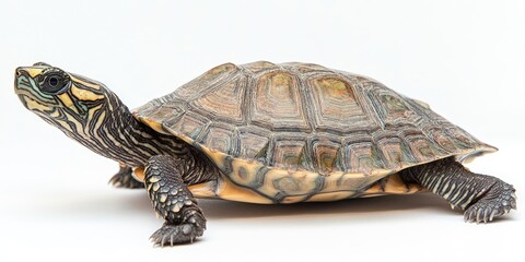 Obraz premium Barbours Map Turtle Graptemys barbouri showcasing intricate shell patterns in earthy tones positioned left against a clean white background