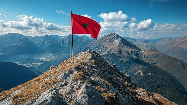 A Moroccan flag waving atop a mountain peak with stunning landscape views.