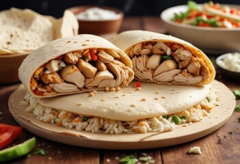 A large tortilla wrapped around a filling of chicken and rice slowly coming apart on a table, torn, shredded, saucy