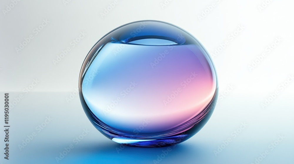 Poster gradient glass orb featuring subtle hues of blue and purple rests on a smooth surface, reflecting am