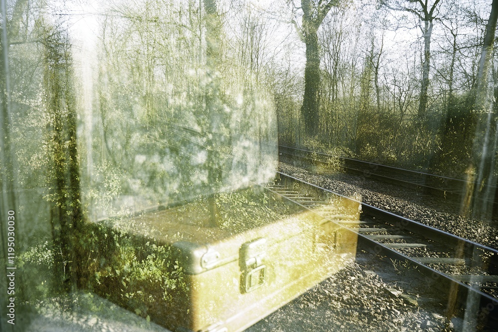 Poster surreal merged image of suitcase with nature background