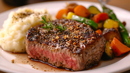 A garlic parmesan crusted steak served with a side of roasted vegetables and mashed potatoes.