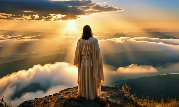 A stunning view of Jesus on the hill as he gazes over a vast valley below. The sun is large and bright, clouds swirling in motion. clouds gradually shift in a celestial dance, 4k Animation video