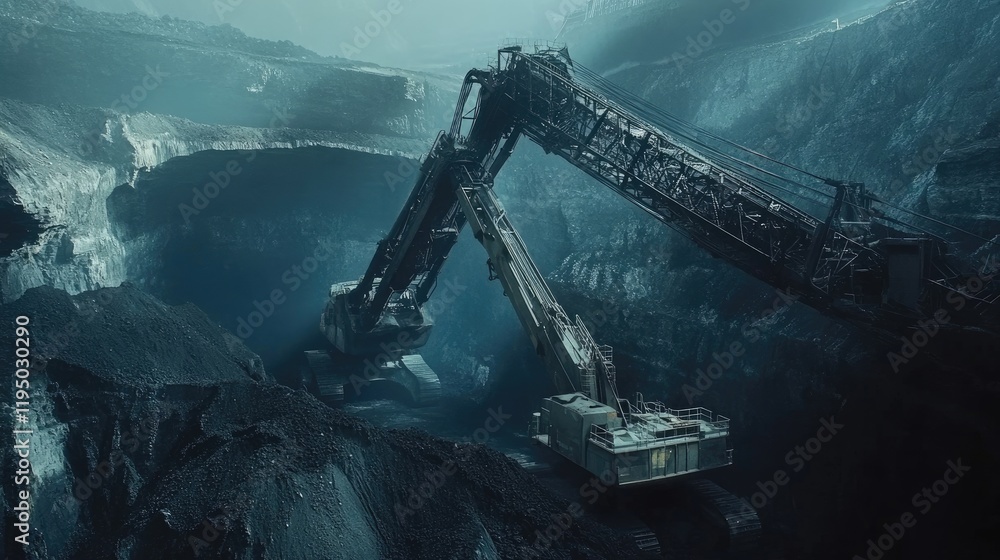 Poster an excavator moving large amounts of coal in a mining operation, demonstrating the heavy machinery u