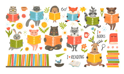 Animals reading book. Spring cute fantasy hand-drawn animals set: cat, hare, fox, owl, rabbit, wolf, pig; boar, bear, hedgehog, boar, deer.