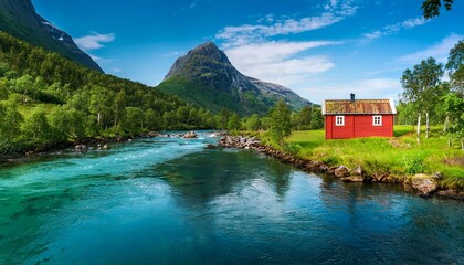 Fototapeta premium nature landscape with an traditional red wooden house by the turquoise jostedola river in gaupne norway surrounded by lush green vegetation with a towering mountain behind it