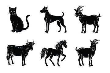 Animal silhouettes set. Domestic animals cat, dog, cow, horse, sheep, goat vector illustration
