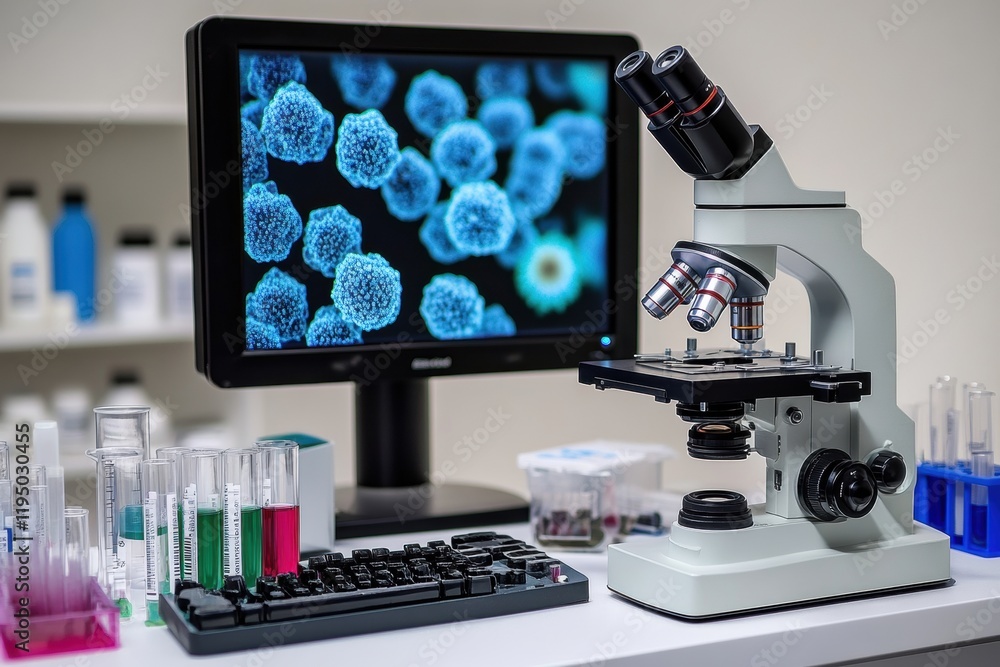 Poster Laboratory study of bacteria using microscopes and test tubes in a modern scientific environment. Generative AI