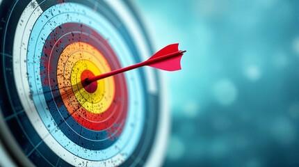 Red arrow hits the bullseye on the first try. A symbol of precision, determination, and achieving goals. Perfect for advertising, marketing, targeting, and motivation. Clear goals, accurate decisions,